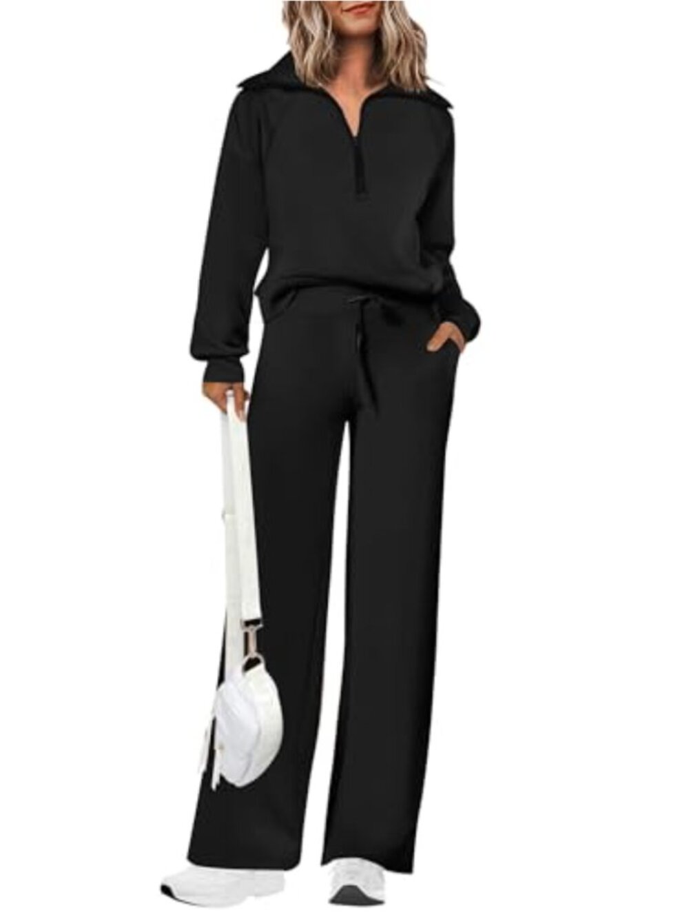 2 Piece Lounge Set Half Zip Sweatshirt Wide Leg Palazzo Pants Drawstring